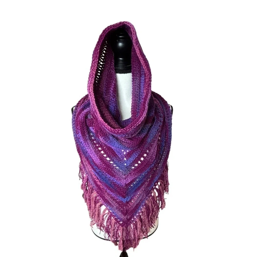 Handcrafted Crochet Hooded Cowl Scarf With Fringe New Handmade by Seller Knit